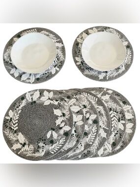 Set of 4 Braided Cotton Placemats - Gray Holly Leaf Holiday